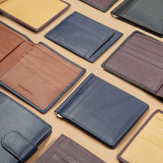 Selection of men's leather wallets and card holders in various colours